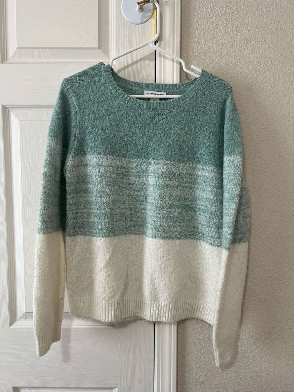 Cupcakes and Cashmere Fuzzy Colorblock Sweater Teal Cream Size Large